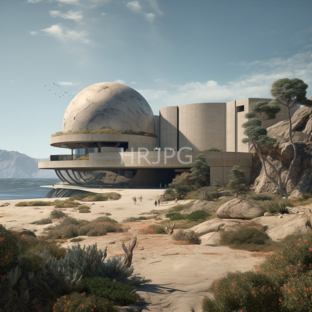 High Resolution: Futuristic architecture on rocky coastal terrain featuring large cylindrical and dome-shaped concrete structures with glass windows download. | HRJPG.com