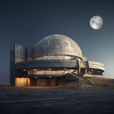 High Resolution: Abstract concrete building with circular and rectangular forms illuminated from within by warm light under a twilight sky download. | HRJPG.com