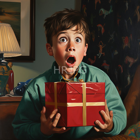High Resolution: Excited young boy with wide eyes and open mouth wearing teal pajamas holding a red gift box tied with gold ribbon download. | HRJPG.com