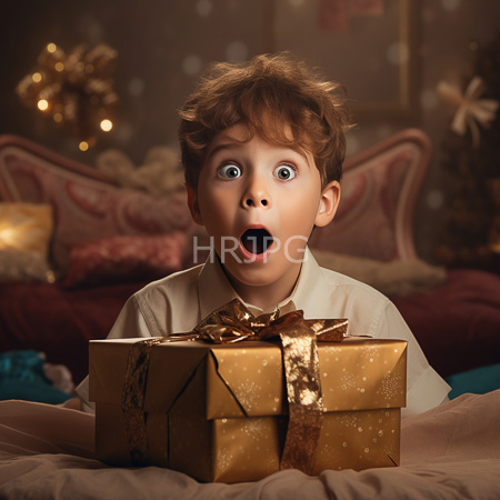 High Resolution: Wide-eyed curly-haired young boy with open mouth in surprise holding a gold-wrapped gift box adorned with shimmering ribbon download. | HRJPG.com