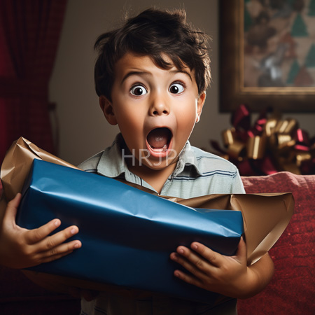 High Resolution: Excited young boy with dark curly hair and wide eyes holding a blue-wrapped gift against a red couch backdrop download. | HRJPG.com