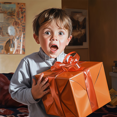 High Resolution: Excited young boy with light brown hair and open mouth holding a bright orange gift wrapped in shiny paper download. | HRJPG.com