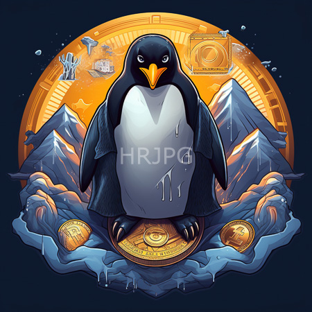 High Resolution: Anthropomorphic penguin standing on three gold coins surrounded by icy mountains against a large orange sun-like circle download. | HRJPG.com