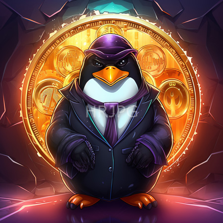 High Resolution: Anthropomorphic penguin wearing a dark purple fedora hat scarf and navy blue jacket standing in front of glowing golden coins download. | HRJPG.com