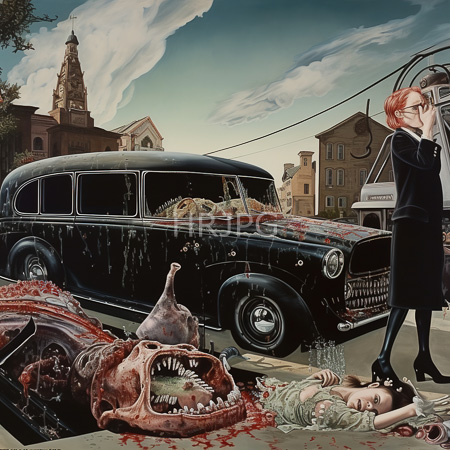 High Resolution: Eerie surreal scene in front of a vintage black car with blood splatters two grotesque animal skulls and an unconscious figure download. | HRJPG.com