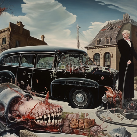 High Resolution: Surreal elderly man in black formal attire stands beside a damaged vintage car with scattered grotesque animal skulls download. | HRJPG.com