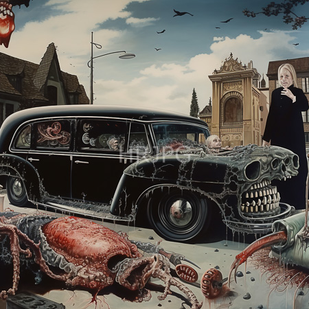 High Resolution: Surreal eerie night-time street scene with a black vintage car grotesquely transformed into skeletal faces and skulls download. | HRJPG.com