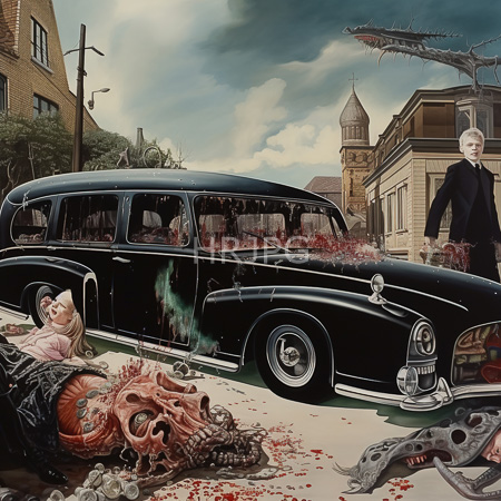 High Resolution: Surreal eerie street scene with a black vintage limousine covered in blood and grotesque tentacles emerging from its windows download. | HRJPG.com