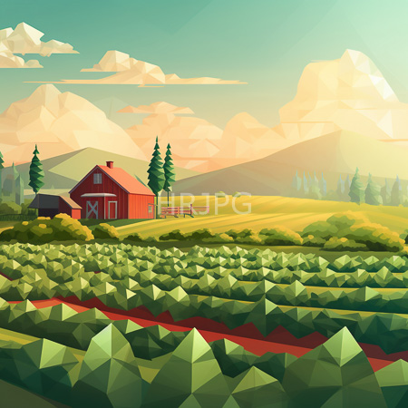 High Resolution: Idyllic rural landscape featuring a red barn with white doors surrounded by green fields and geometrically styled trees download. | HRJPG.com