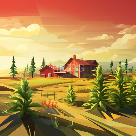 High Resolution: Rural farm scene at sunset featuring two red barns green pine trees and rolling yellow-green fields under warm sky hues download. | HRJPG.com