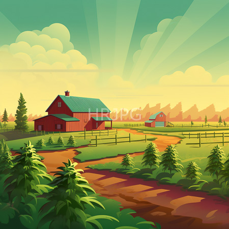 High Resolution: Sunny rural farm scene with two red barns green fields separated by wooden fences and sunlight rays from the sky download. | HRJPG.com