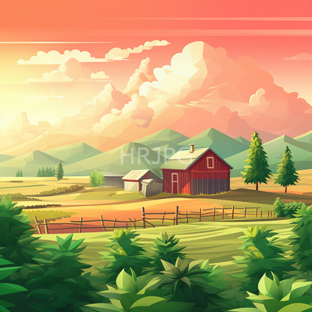 High Resolution: Picturesque rural landscape at sunset featuring a red wooden barn with a gray shed beside it surrounded by green fields download. | HRJPG.com