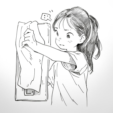 High Resolution: Black and white anime-style young girl with long hair in pigtails wearing a short-sleeved shirt holding up a towel download. | HRJPG.com