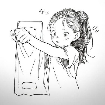 High Resolution: Black and white anxious young girl with long tied-back hair holding up a plastic bag with wide eyes showing surprise or concern download. | HRJPG.com