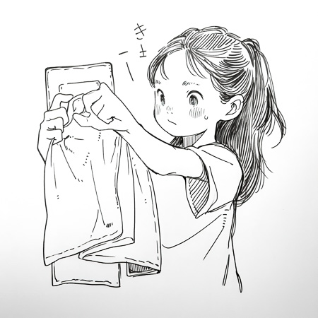 High Resolution: Black and white anime-style young girl with long tied-back hair holding up two towels while slightly blushing and sweating download. | HRJPG.com