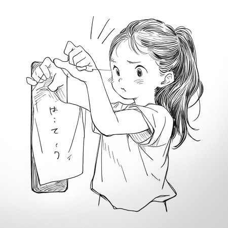High Resolution: Black and white anime-style young girl with long tied-back hair in profile view holding up a bag or envelope with visible text download. | HRJPG.com
