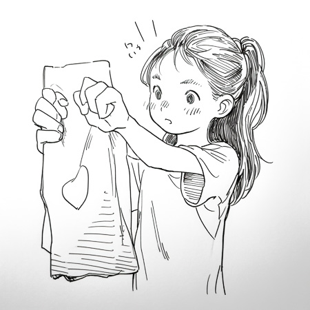 High Resolution: Black and white anime-style young girl with long hair in a ponytail looking surprised while holding up a bag featuring a heart shape download. | HRJPG.com