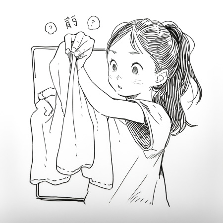 High Resolution: Black and white anime-style young girl with long tied-back hair holding up a towel to examine it closely with large eyes download. | HRJPG.com