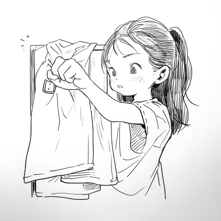 High Resolution: Black and white anime-style young girl with long tied-back hair hanging clothes on a rack with a focused gentle expression download. | HRJPG.com