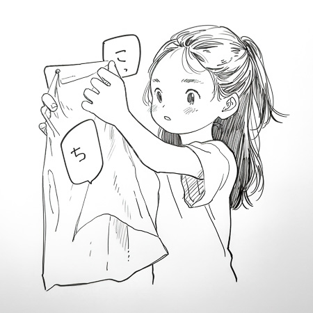 High Resolution: Black and white anime-style young girl with long tied-back hair holding up a crumpled paper bag in front of her face download. | HRJPG.com