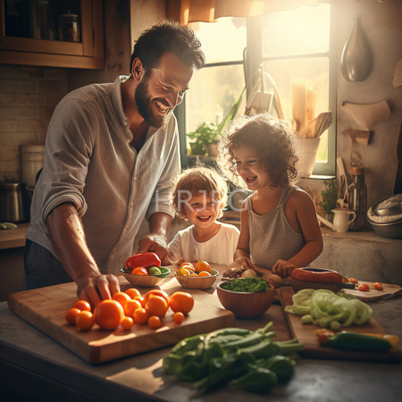 High Resolution: Three people in a warm sunlit kitchen a bearded man and a curly-haired girl help a young boy slice colorful vegetables download. | HRJPG.com
