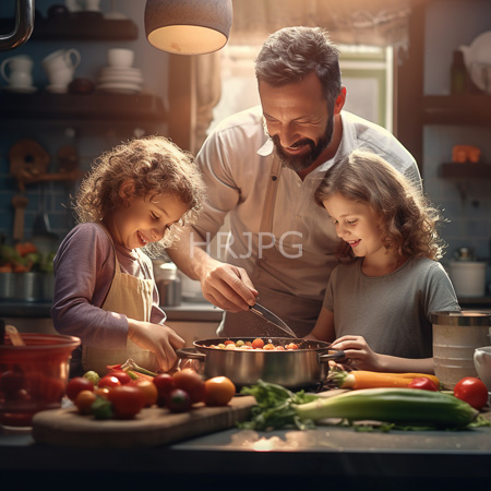 High Resolution: Affectionate bearded father cooking vegetables in a sunlit kitchen with two children a girl and another child watching download. | HRJPG.com
