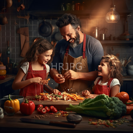 High Resolution: Older bearded man wearing a red apron slices vegetables on a wooden table in a cozy kitchen while two young girls watch download. | HRJPG.com