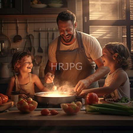 High Resolution: Three people in a warm golden sunlit kitchen a bearded man stirs a pot smiling at a laughing curly-haired girl beside a younger boy download. | HRJPG.com