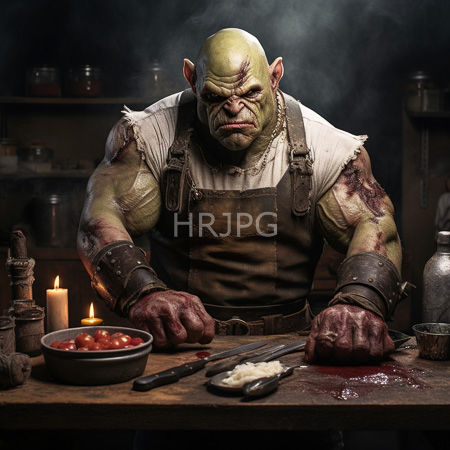 High Resolution: Angry muscular green-skinned orc with pointed ears and scars sits at a wooden table wearing a tattered white shirt and leather apron download. | HRJPG.com