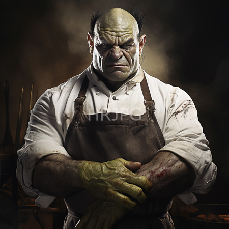 High Resolution: Intimidating bald orc with pale green skin and dark spiked hair wears a tattered white shirt and leather apron with bloodstains download. | HRJPG.com