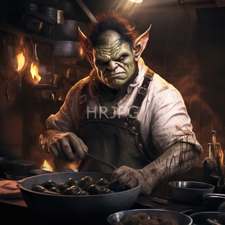High Resolution: Angry green-skinned goblin with pointed ears cooking in dim lighting within a rustic kitchen stirring food in a metal bowl download. | HRJPG.com
