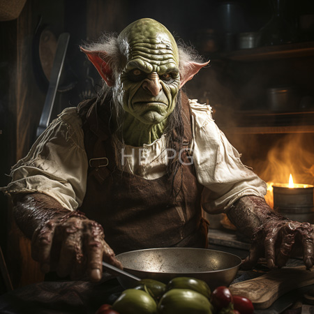High Resolution: Elderly green-skinned goblin with a wrinkled face cooking in a dim-lit kitchen wearing a tattered brown apron download. | HRJPG.com