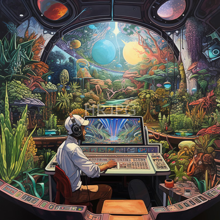 High Resolution: African male scientist wearing headphones and a lab coat seated at a futuristic control panel in a lush alien landscape download. | HRJPG.com