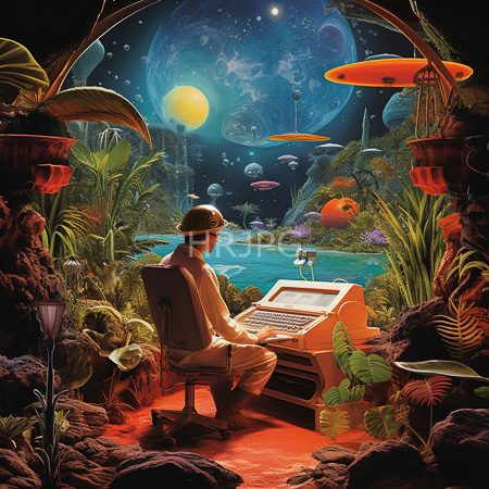 High Resolution: Astronaut in a white uniform and helmet seated at a futuristic control panel inside a lush underwater cave with vibrant plants download. | HRJPG.com