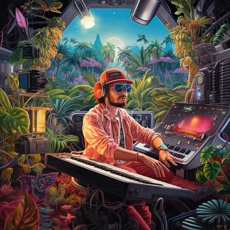 High Resolution: Bearded DJ wearing orange headphones and cap playing a synthesizer in a lush jungle setting at night inside a futuristic studio booth download. | HRJPG.com