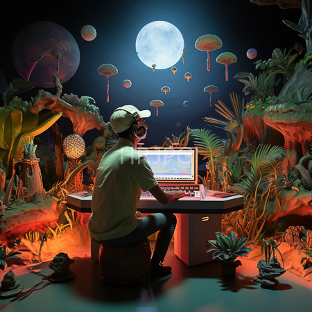 High Resolution: Astronaut-like figure in a green shirt and cap seated at a futuristic desk with a glowing computer screen amidst vibrant alien flora download. | HRJPG.com