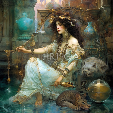 High Resolution: Ethereal woman with curly dark hair sitting in ornate surroundings holding pipes adorned with gold chains wearing a flowing white dress download. | HRJPG.com