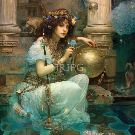 High Resolution: Classical-style painting of a young woman with curly brown hair kneeling by water at ancient ruins wearing translucent blue fabric download. | HRJPG.com