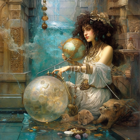 High Resolution: Ethereal woman with curly dark hair and pale skin sitting in ancient ruins holding a golden fan over her face wearing ornate jewelry download. | HRJPG.com