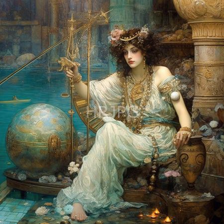 High Resolution: Ethereal woman with curly brown hair adorned in gold jewelry and flowers sitting by turquoise water against ancient stone architecture download. | HRJPG.com