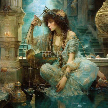High Resolution: Intricate painting of a young woman with curly brown hair kneeling by water at ancient ruins wearing a translucent blue gown download. | HRJPG.com