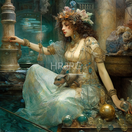 High Resolution: Ethereal woman with curly brown hair and fair skin sitting by turquoise water in ancient ruins wearing ornate gold jewelry download. | HRJPG.com