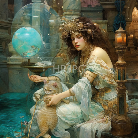 High Resolution: Ethereal woman with curly brown hair wears ornate gold jewelry and flowing white-blue robes sitting beside a glass dome with a blue sphere download. | HRJPG.com