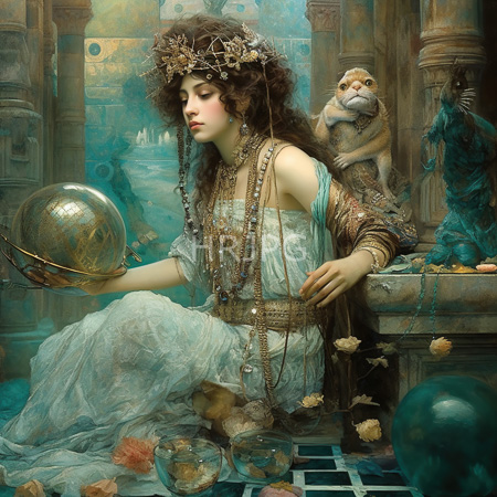 High Resolution: Ethereal woman with curly brown hair adorned in jewelry and flowers sits on stone steps holding a reflective globe beside a small monkey download. | HRJPG.com