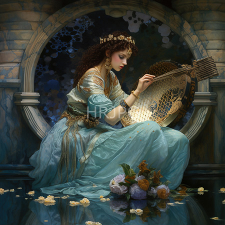 High Resolution: Ethereal woman with curly brown hair and fair skin playing a harp adorned in gold patterns while seated on reflective water download. | HRJPG.com