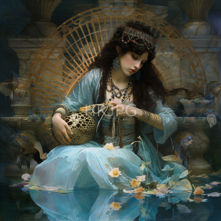 High Resolution: Ethereal young woman with long dark hair sits by water adorned in flowing blue robes decorated with gold trimmings download. | HRJPG.com
