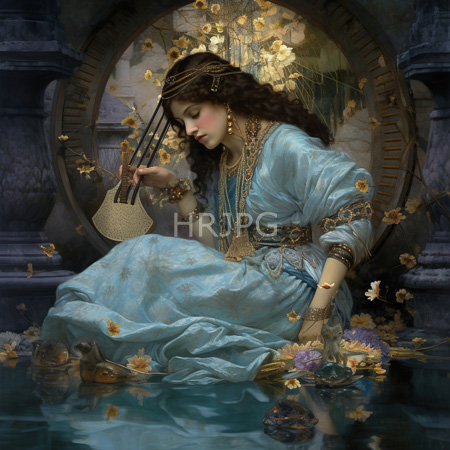 High Resolution: Ethereal woman with long brown hair and fair skin sitting in shallow water surrounded by flowers and ornate gold jewelry download. | HRJPG.com