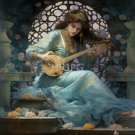 High Resolution: Ethereal woman with long brown hair playing a tanuk on stone steps adorned in blue silk robes with ornate jewelry download. | HRJPG.com