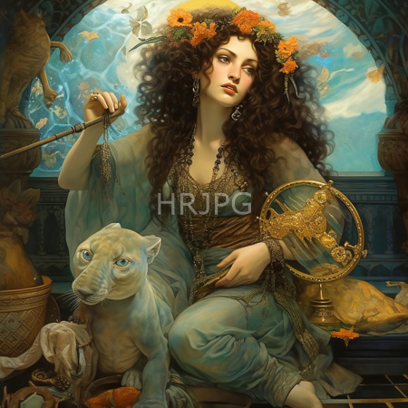 High Resolution: Ethereal curly-haired woman with fair skin and orange flower crown wears an ornate dress holding a flute beside a seated white dog download. | HRJPG.com