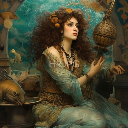 High Resolution: Ethereal woman with voluminous curly brown hair adorned in orange flowers wears ornate turquoise and gold robes surrounded by fish underwater download. | HRJPG.com